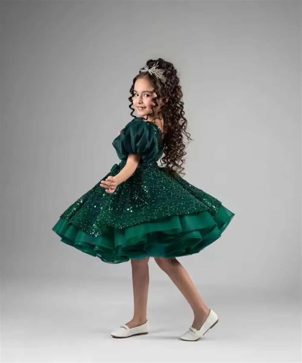 Abito da ragazza di fiore con paillettes verdi per matrimonio con fiocco al ginocchio Abito da festa di compleanno per bambina Abito da prima comunione personalizzato