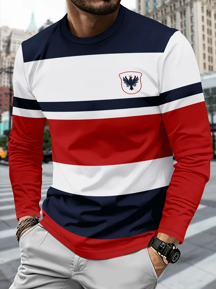 2025 novo masculino casual de manga comprida listrado e emblema de águia respirável em torno do pescoço de manga comprida camiseta roupas multi-funcionais