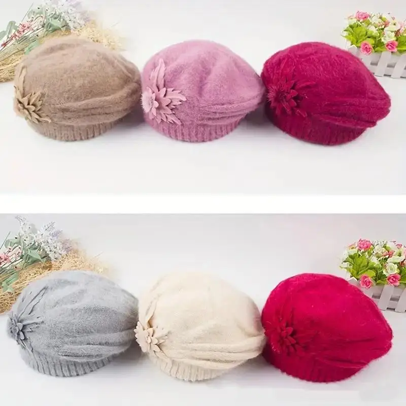 1 قطعة قبعة ، قبعة أمي من الصوف المحبوك للخريف والشتاء الدافئ ، قبعة إكسسوارات شتوية على شكل زهرة للنساء