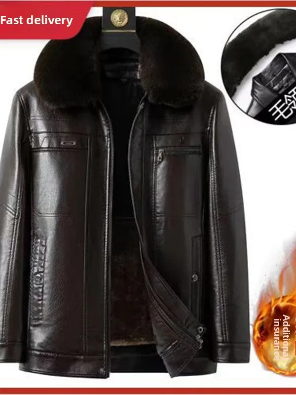 

Мужское кожаное пальто Thiened большого размера, зимнее пальто с меховой подкладкой из натуральной кожи и меха для папы, длинное пальто обычной длины