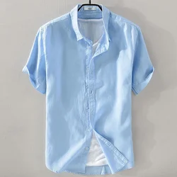 Hawaiian men's short-sleeved tops solid color fashion shirts men's tops 100% cotton and linen slim fit street outdoor daily