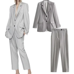 Maxdutti French Vintage Elegant Two Pieces Sets Women Suit Pants Set Grey Loose Blazers Boyfriend Style Jacket Casual Pants