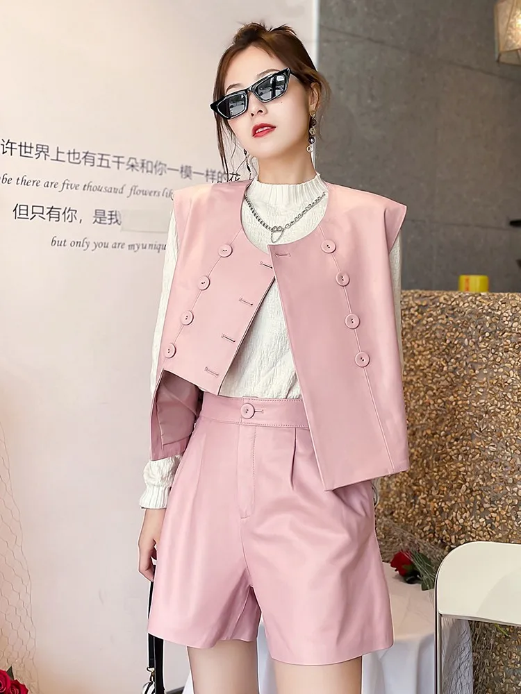 Primavera nueva mujer doble botonadura chaleco Top pantalones cortos conjunto de dos piezas Casual suave piel de oveja cuero genuino conjuntos a juego ropa de calle