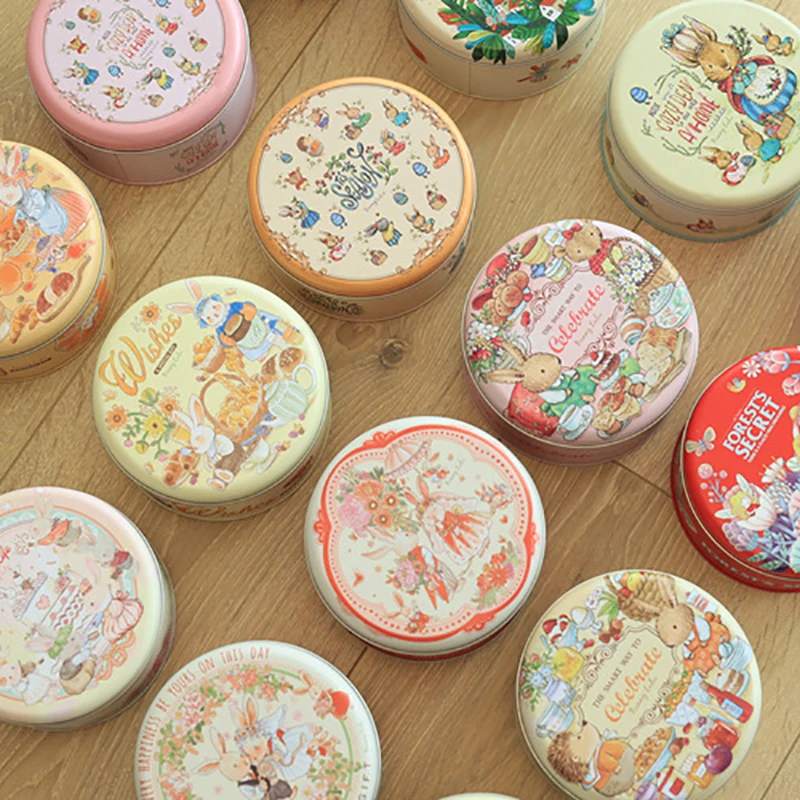 New Hand-Painted Illustration Rabbit Tin Box for Jewelry Candy Wedding Favor Metal Cookie Box Decorative Storage Boxes Gift Home