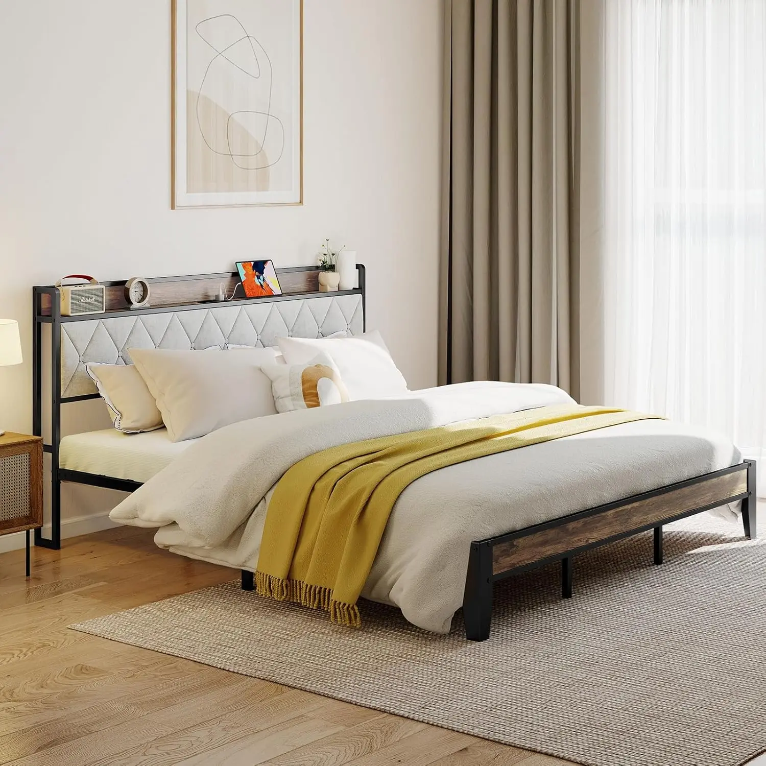 إطار سرير بحجم كينج مع لوح أمامي ومنافذ USB، تصميم رف تخزين، منصة معدنية قوية خالية من الضوضاء، لا حاجة إلى صندوق زنبركي #1