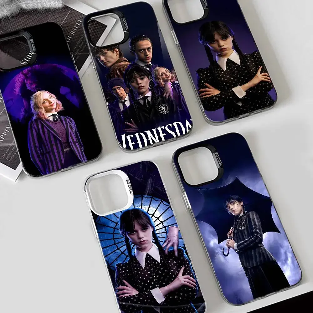 الفيلم الأمريكي التلفزيون W-Wednesday Addams جراب هاتف آيفون 17 16 15 14 13 12 11 برو ماكس زائد اللون للصدمات عودة غطاء فضي