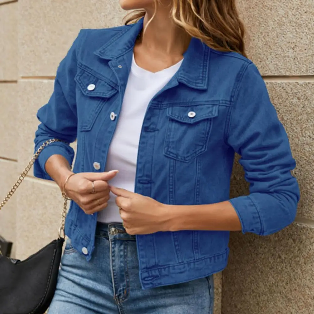 Women's Denim Jackets Fashion Lapel Solid Button Down Chest Pocket Slim Jean Jacket 2024 Autumn Winter Denim Coat Short Jackets