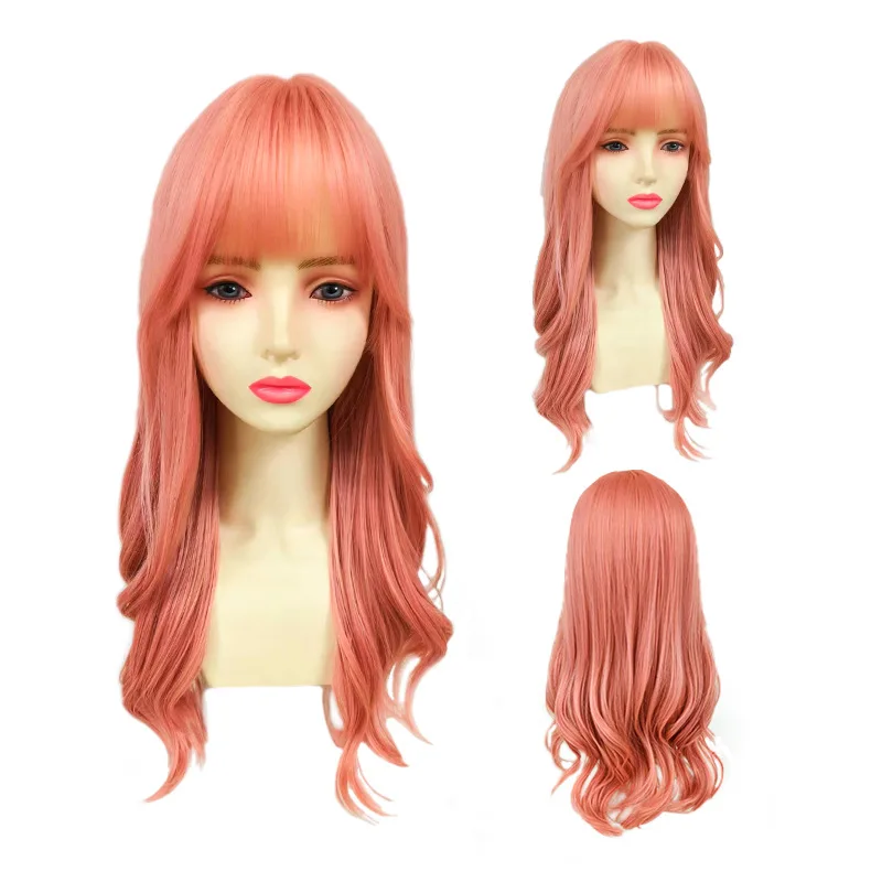 

Chemical fiber women's long hair pink natural fluffy long curly hair summer sweet new pink wig