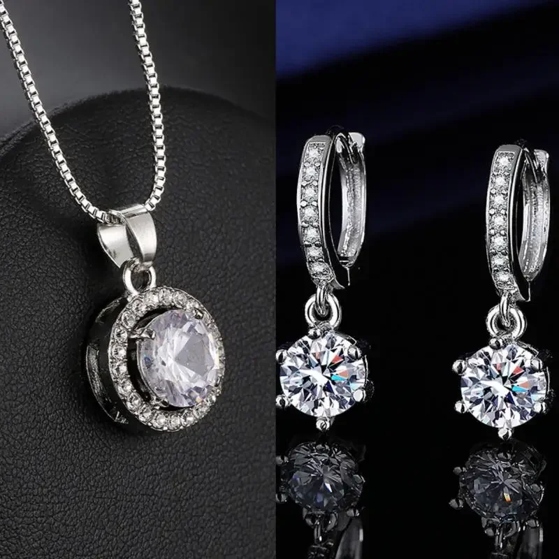 جولة هندسية حجر الراين الزركون قلادة أقراط قلادة مجموعة للأزياء النساء الزفاف مجوهرات الزفاف اكسسوارات هدية