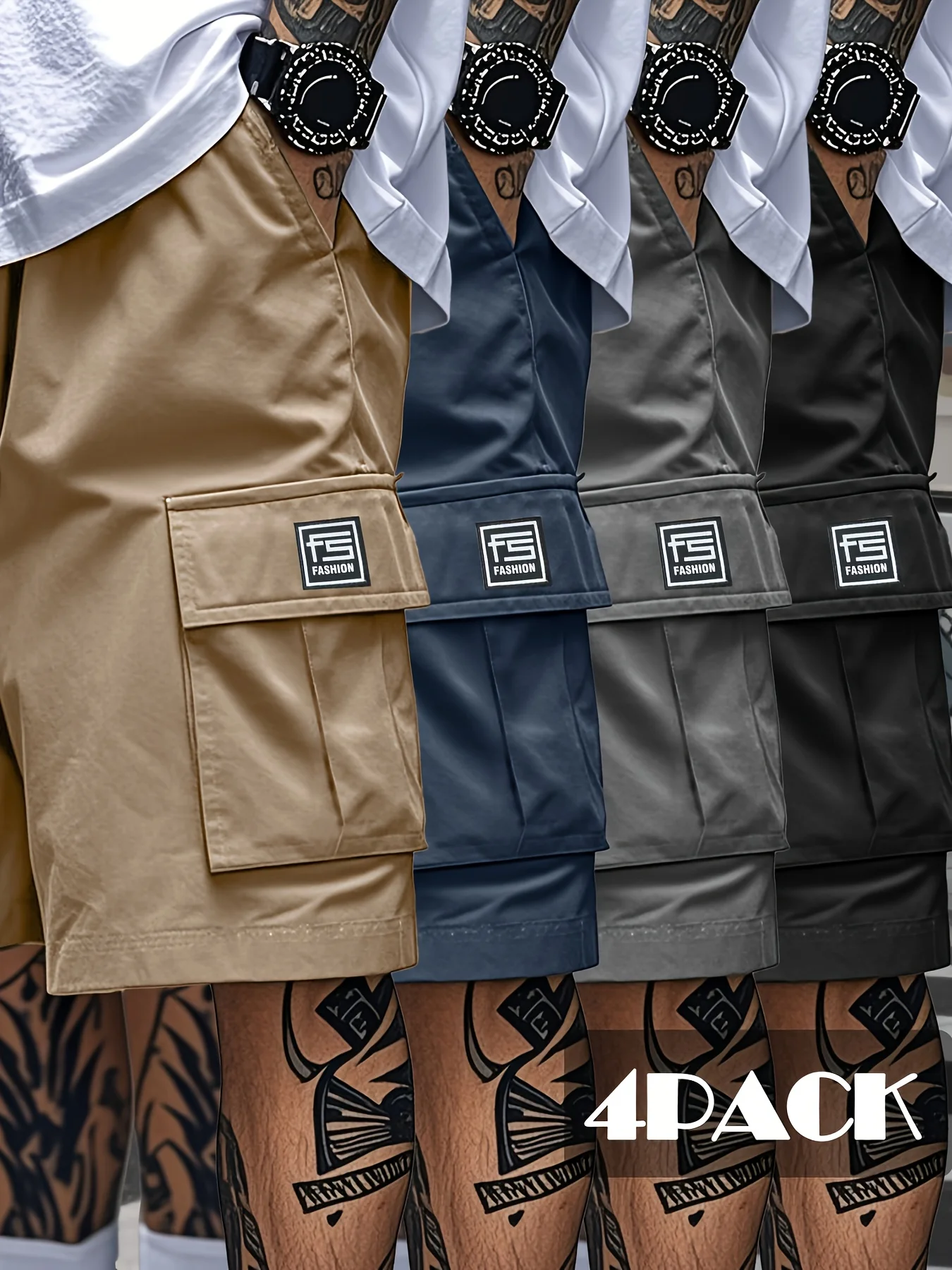 

Мужские рабочие шорты с несколькими карманами, 4 шт., свободного кроя, без эластичной резинки, однотонные, с множеством карманов - повседневные.