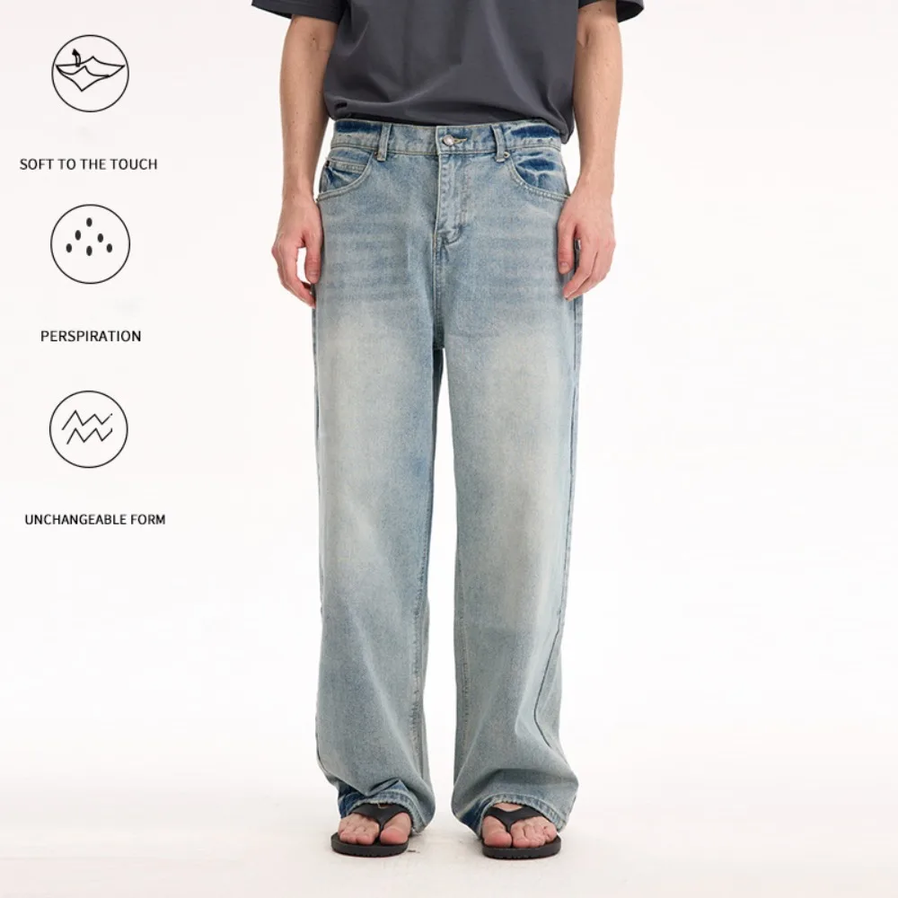 

Базовые универсальные джинсы из выстиранного хлопка с широкими штанинами для мужчин: модные, свободного кроя, мягкие, на каждый день, для офиса, повседневные, прямые, весна-лето