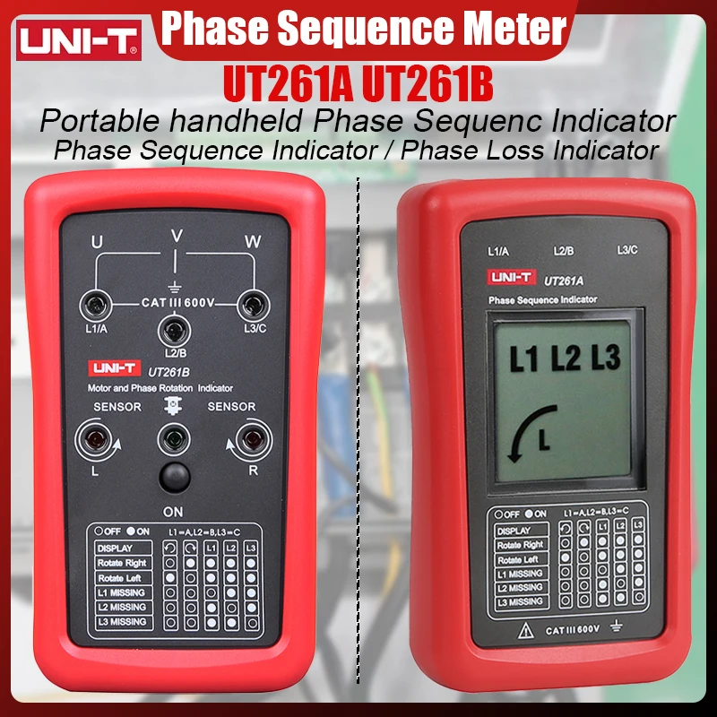 UNI-T UT261A UT261B 3 Phase Sequence Meter Phase Missing Motor Rotation Indicator AC Voltage Frequency Phase Sequence Detector