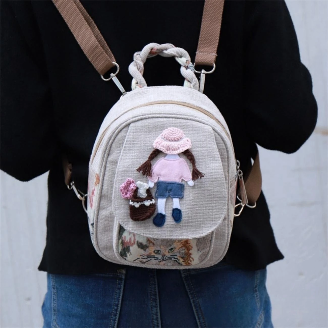 New backpack, multifunctional mini one shoulder crossbody bag, small fresh fabric art, artistic small mobile phone bag