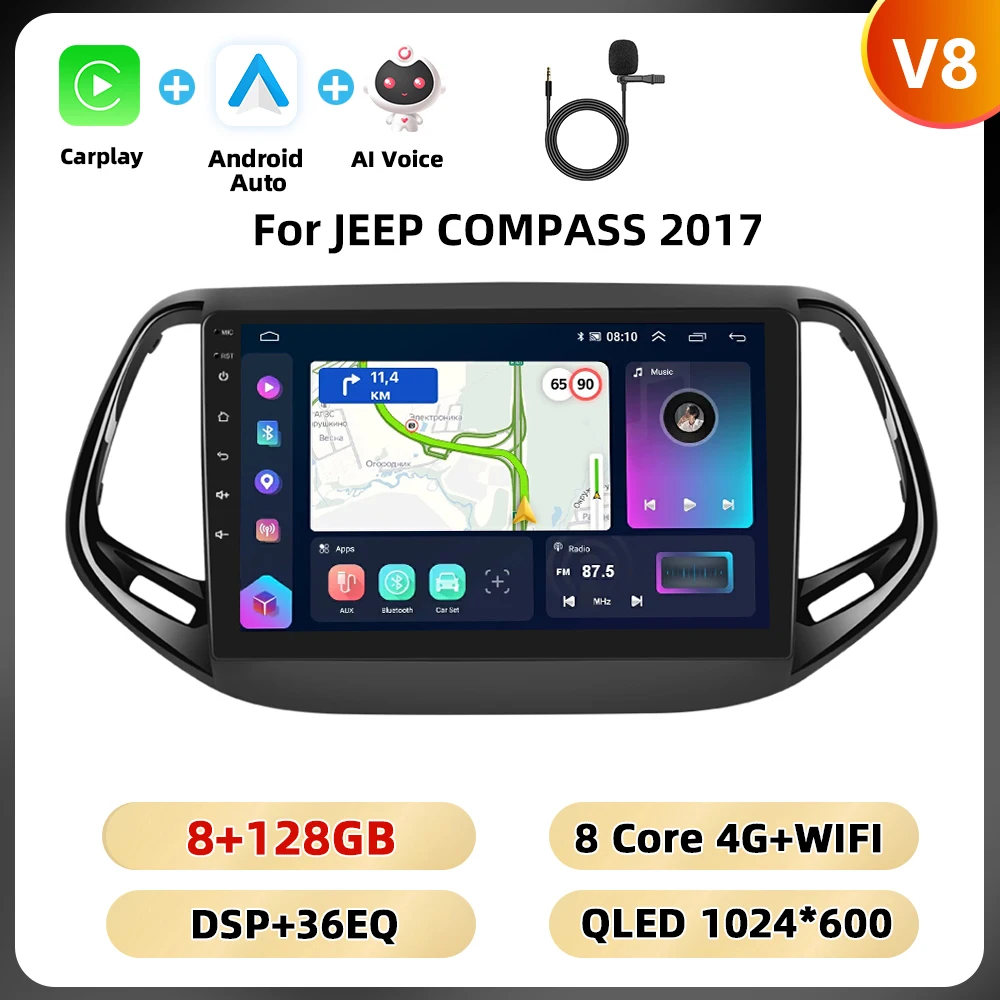 Podofo Gps Wifi 4G Auto Audio Voor Jeep Kompas 2017 Multimedia Speler Bluetooth Carplay Android Auto 8Core Fm Rds Dsp Autoradio - afbeelding 1