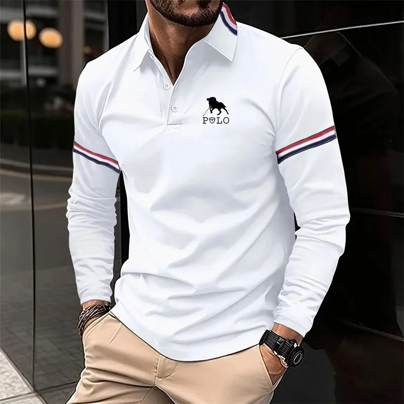 Spring 2025 men's long sleeved polo shirt with fashionable printing, breathable and casual long sleeved shirt