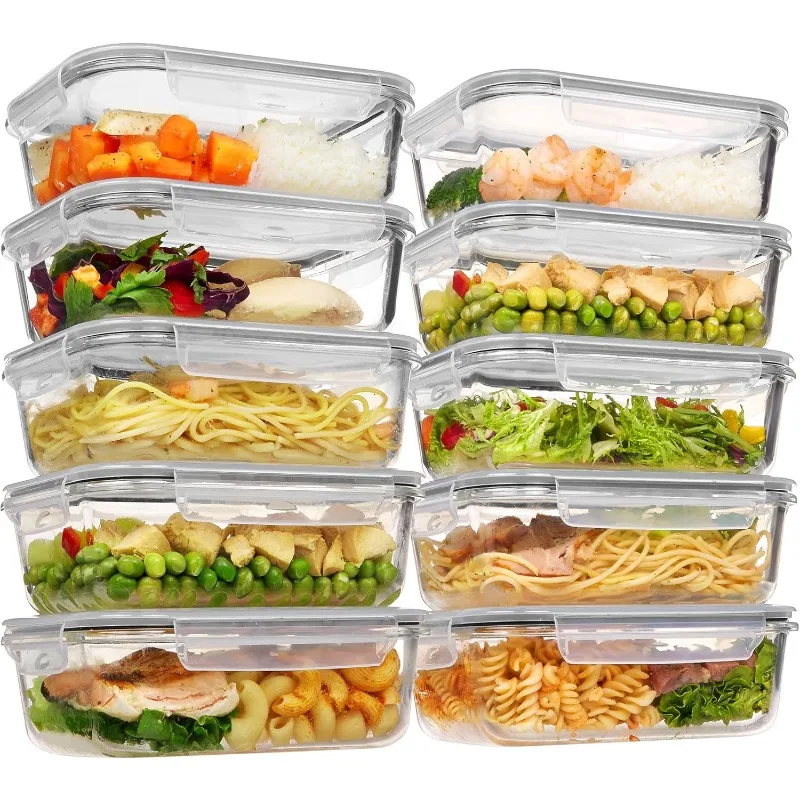 Paquete de 10 recipientes de vidrio de 35 oz: tapas con cierre a presión, aptos para microondas y horno