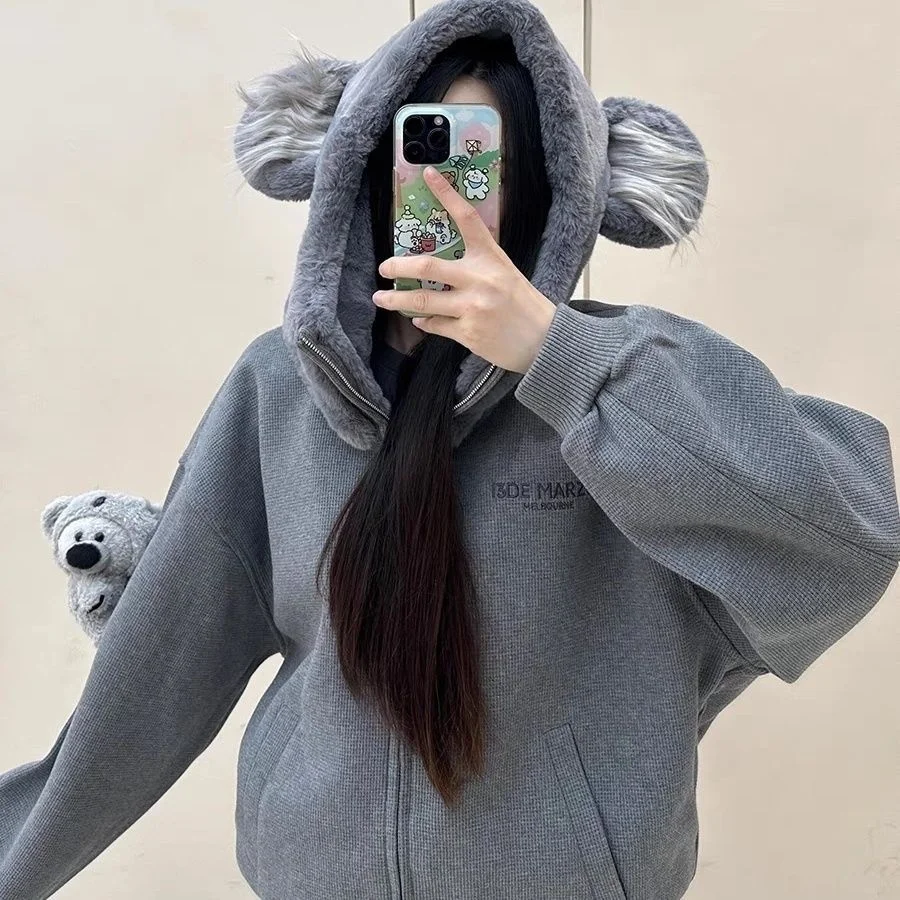 Koala Zipper Hood Sweatshirt Women Autumn Long Sleeve Crop Tops Casual Y2K Hoodies Streetwear Harajuku Female Jackets Coats