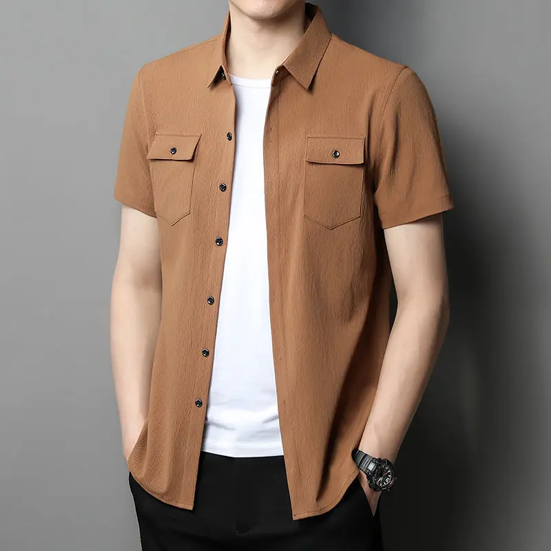 Safari Style Men Short Sleeve Shirt Summer New Fashion Male Clothes Korean Streetwear Casual Loose Solid Pocket Button Tops 2023