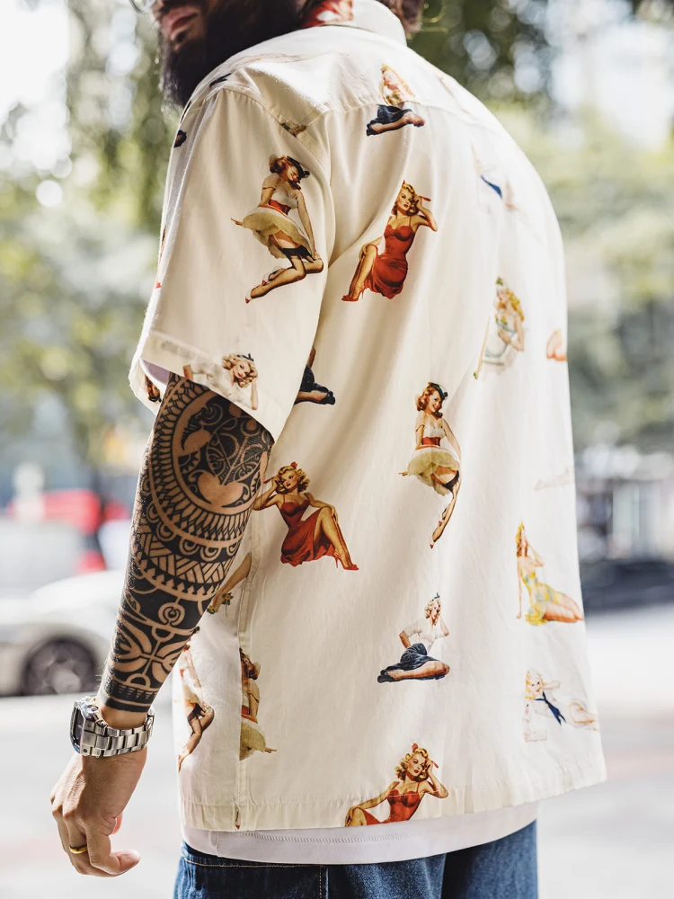 

Мужская летняя повседневная рубашка свободного кроя с кубинским воротником и принтом в американском стиле, из смесового хлопка и льна, с коротким рукавом