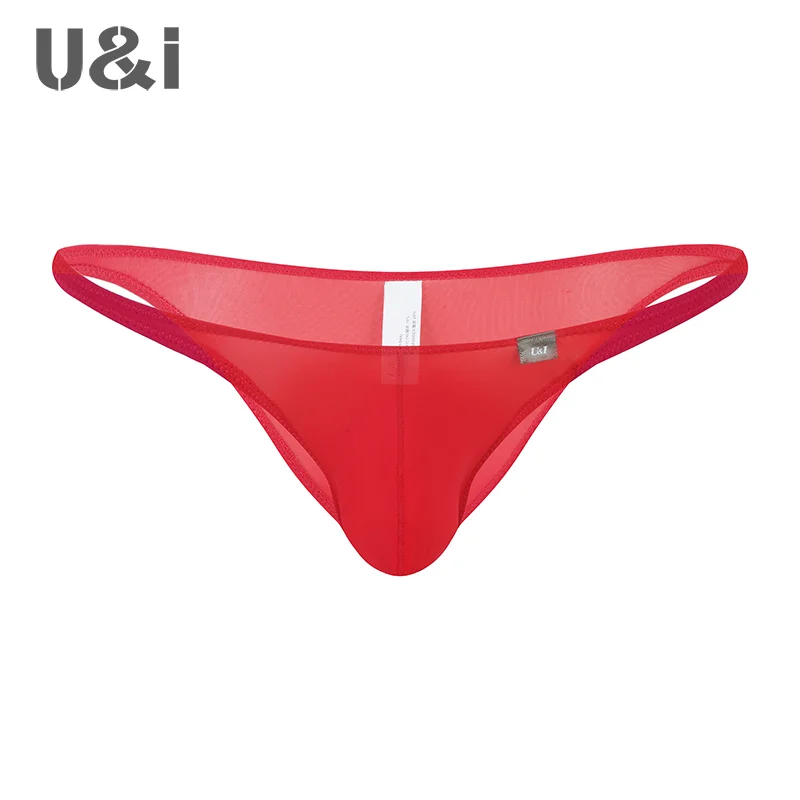 U&I sexy briefs men\'s thin elastic nylon ultra low waist scrotum support bikini half pack men\'s underwear