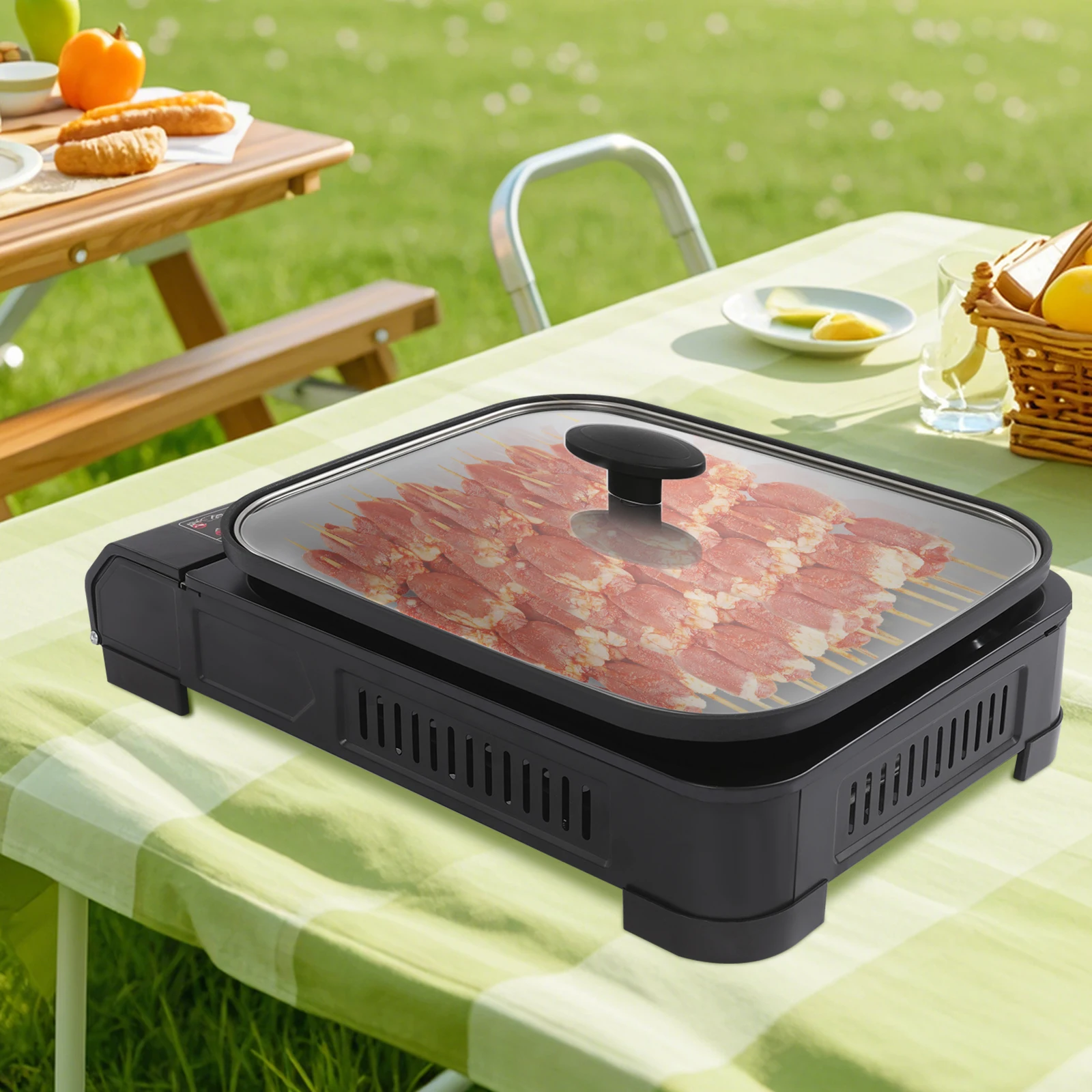 

2.1KW Portable SStainless Steel Barbecue Grill with Baking Tray Lid Suitable for Outdoor Camping Picnicking and Grilling
