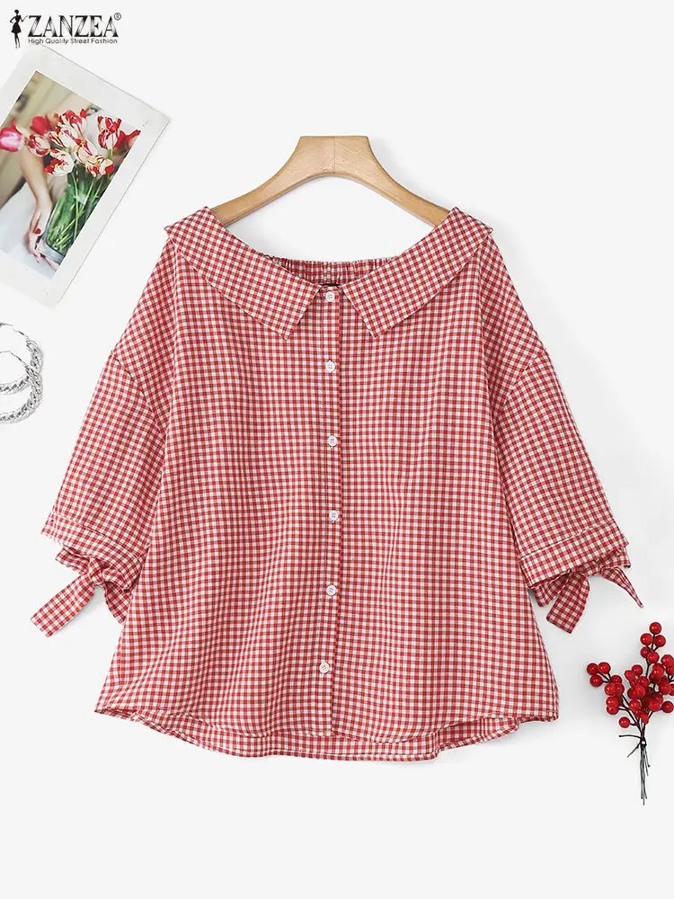 ZANZEA Camicia a quadri scozzese autunnale Camicetta da donna Trend 2025 Elegante manica a 3/4 Camicette da lavoro per ufficio Bottoni casual Top Bow Blusas