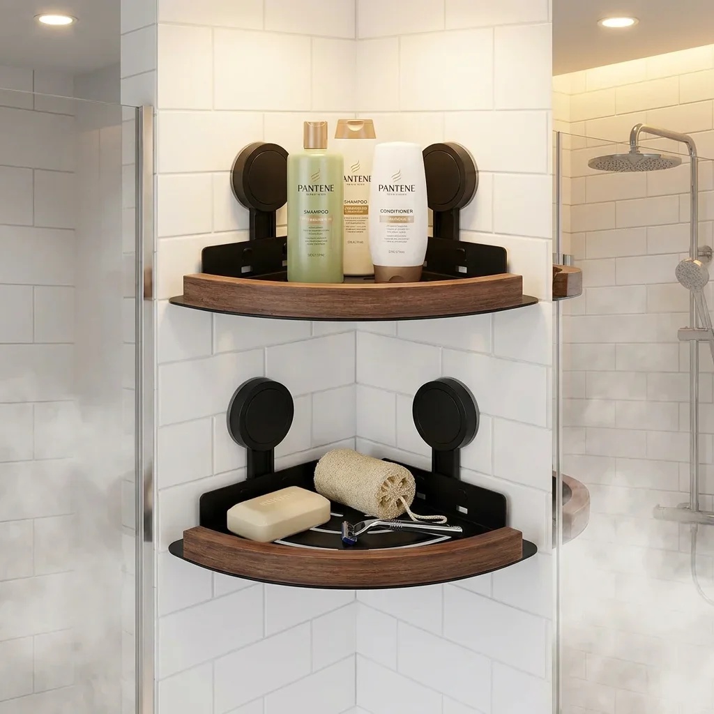 Suction Cup No-Drill Corner Shelf, Stainless Steel Bathroom Wall Mounted Organizer, Walnut Wood Triangle Caddy for Shower Toilet