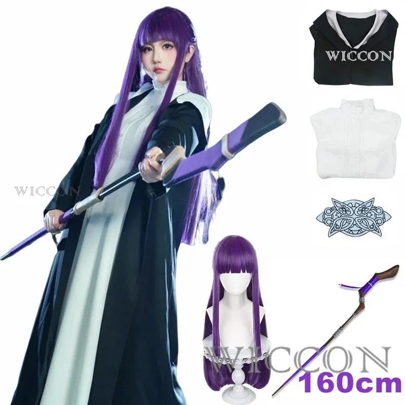 2025 yiyi anime frieren: além do fim da jornada samambaia cosplay traje branco vestido longo e robe preto peruca roxa headwear dia das bruxas