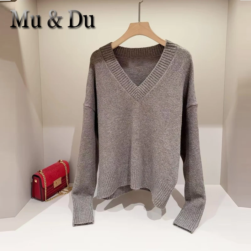 Women's V-Neck Knitted Sweater Autumn Winter Retro 2026 New Loose Long Sleeve Pullover Top Soft Knitwear