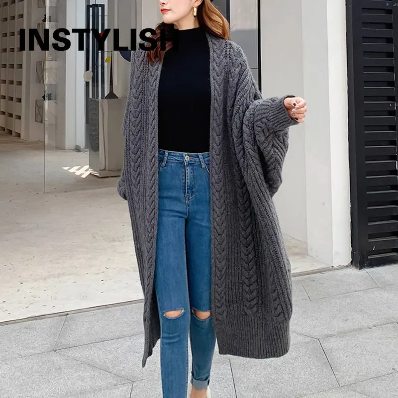 

Korean Fashion Oversized Cardigan Vintage Harajuku Solid Thickened Loose Fried Dough Twist Sweater Jacket Casual Knit Long Coat