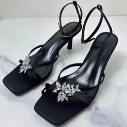 TRAF Women Black Luxury Crystal Heel Sandals Sexy Square Head Peep Toe High Heels Summer Femmes Ankle Strap Sandalias Prom Pumps