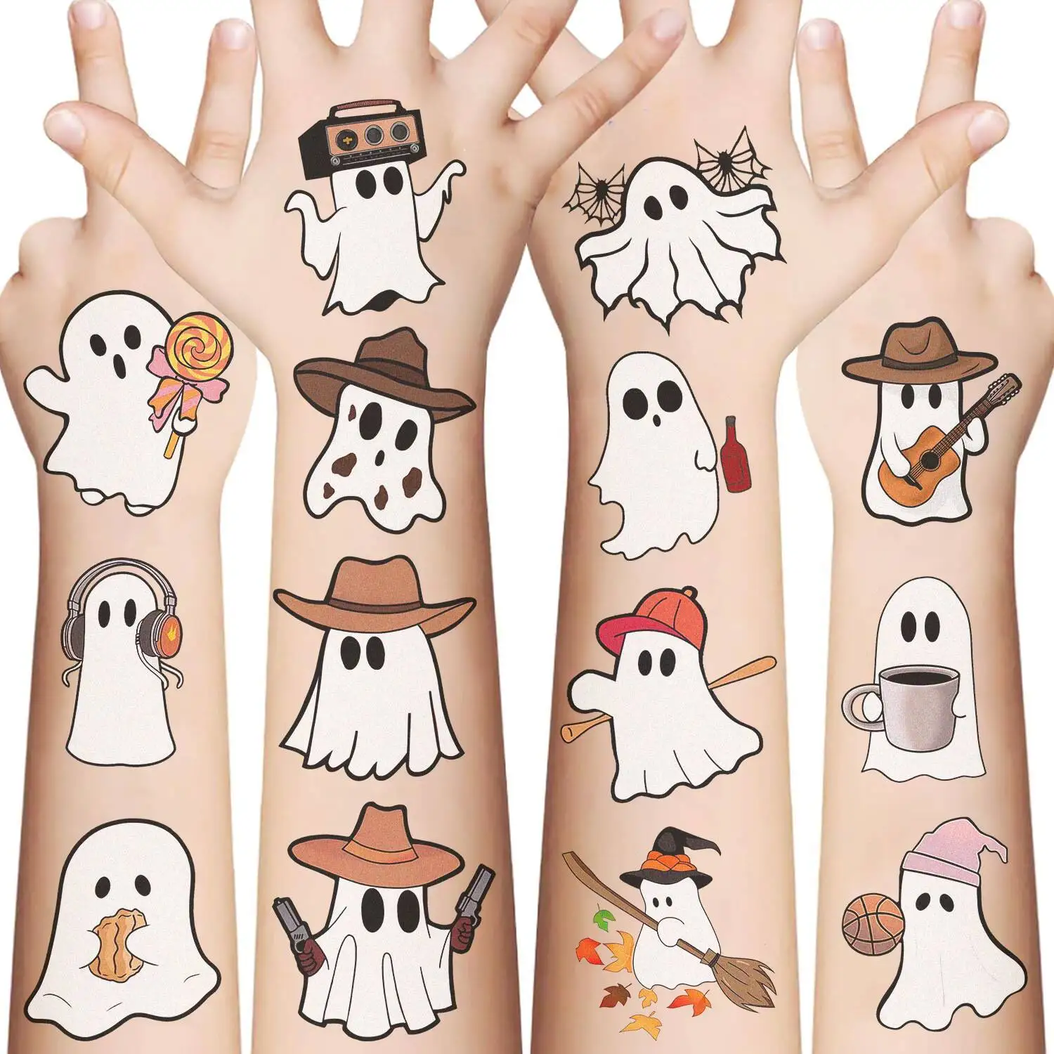 Halloween Cute Ghost Temporary Tattoos Cartoon Spooky Ghost Patterns With Guitar Headphone Broom Lollipop Waterproof Non Toxic S