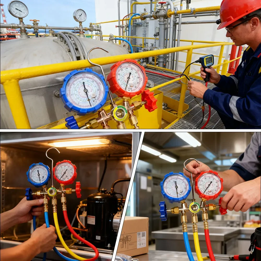 Zestaw 3-mierzyłowy do pomiaru ciśnienia klimatyzacji z profesjonalnym zestawem węży - Kompletny zestaw do testowania i napełniania czynnika chłodniczego R134A R22 R404A R12