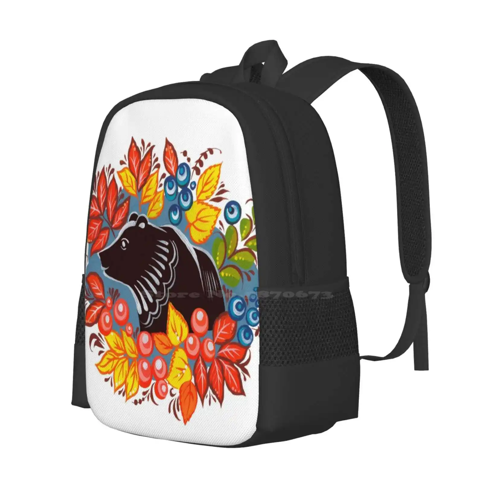 The Bear In Autumn Forest Backpack For Student School Laptop Travel Bag Bear Autumn Leaves Berries Ornamental Cute Red Orange