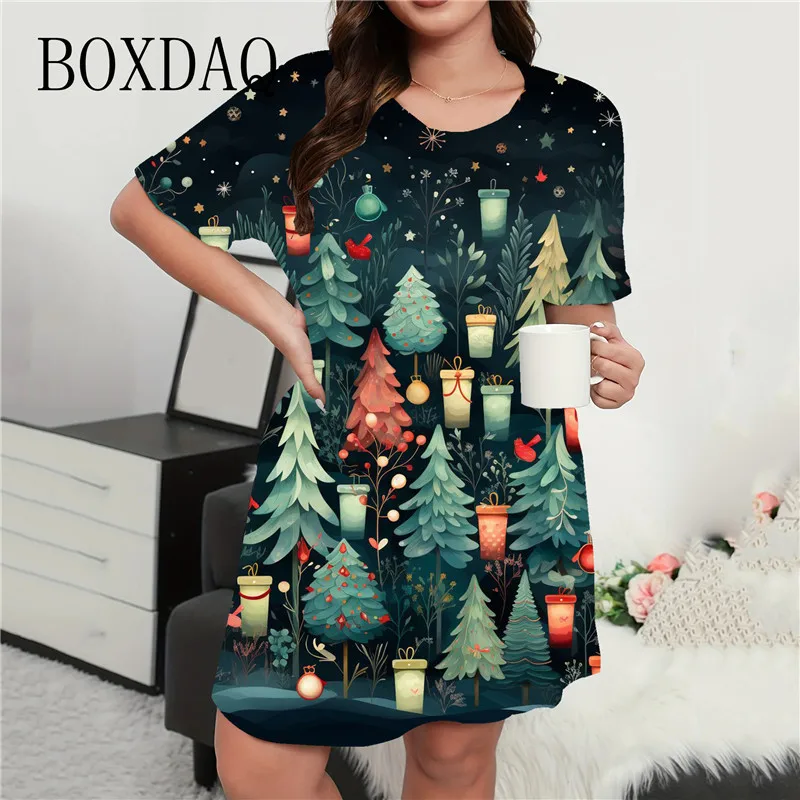 2024 Summer Vintage Clock Print Mini Dress For Women Christmas Party Short Sleeve Loose Dress Casual O-Neck Ladies Dress Clothes