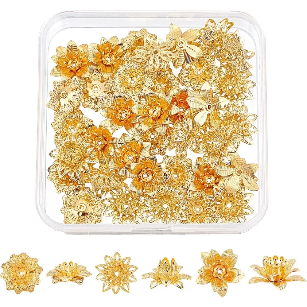 36Pcs 3 Style Brass Flower Bead Caps Golden 3D Multi-Petal Flower Bead End Caps 14mm 16mm Metal Beads Spacers for Jewelry