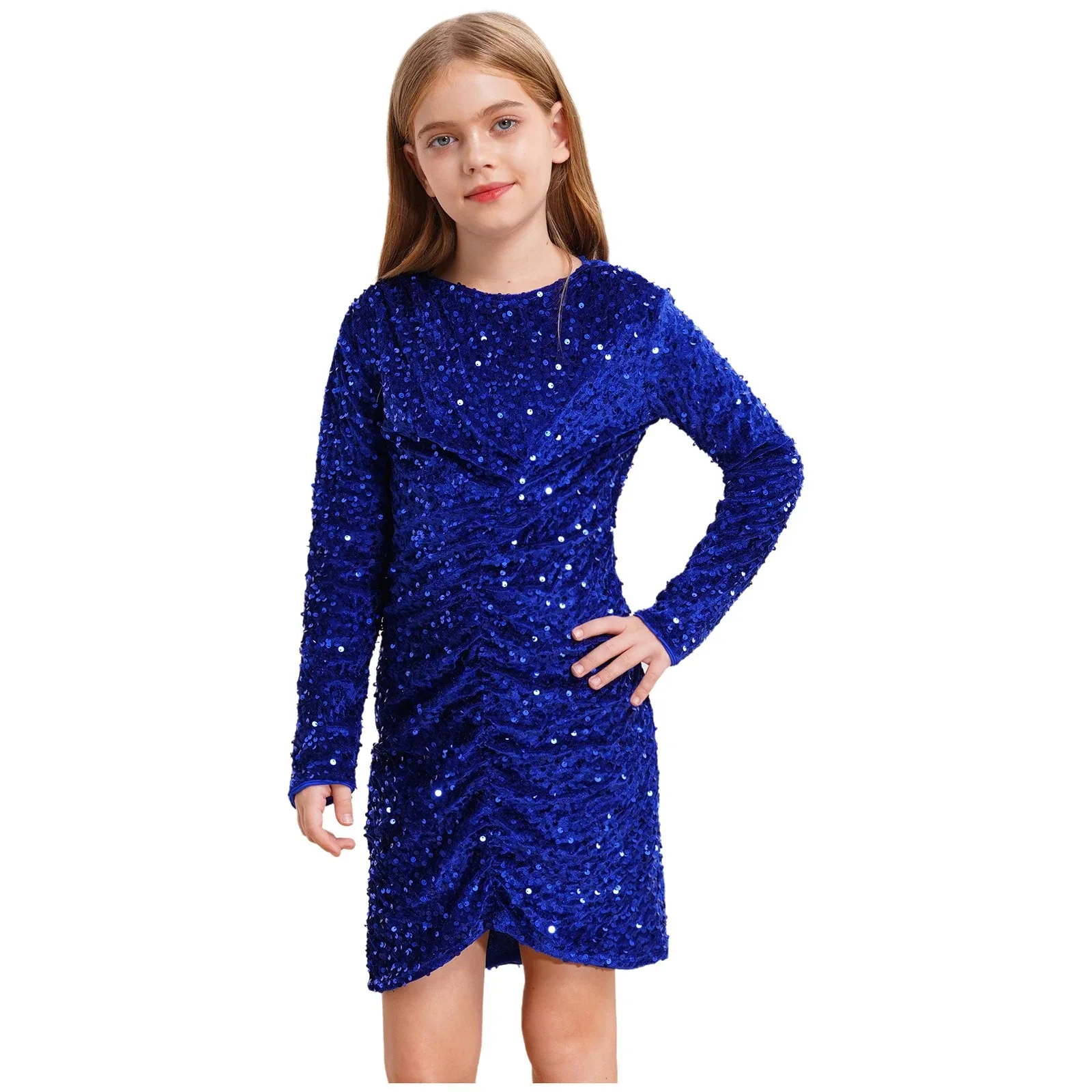 Kids Girls Glitter Sequin Party Gown Performance Long Sleeve Velvet Dress Bodycon Dress for Birthday Proms Graduation Ceremony