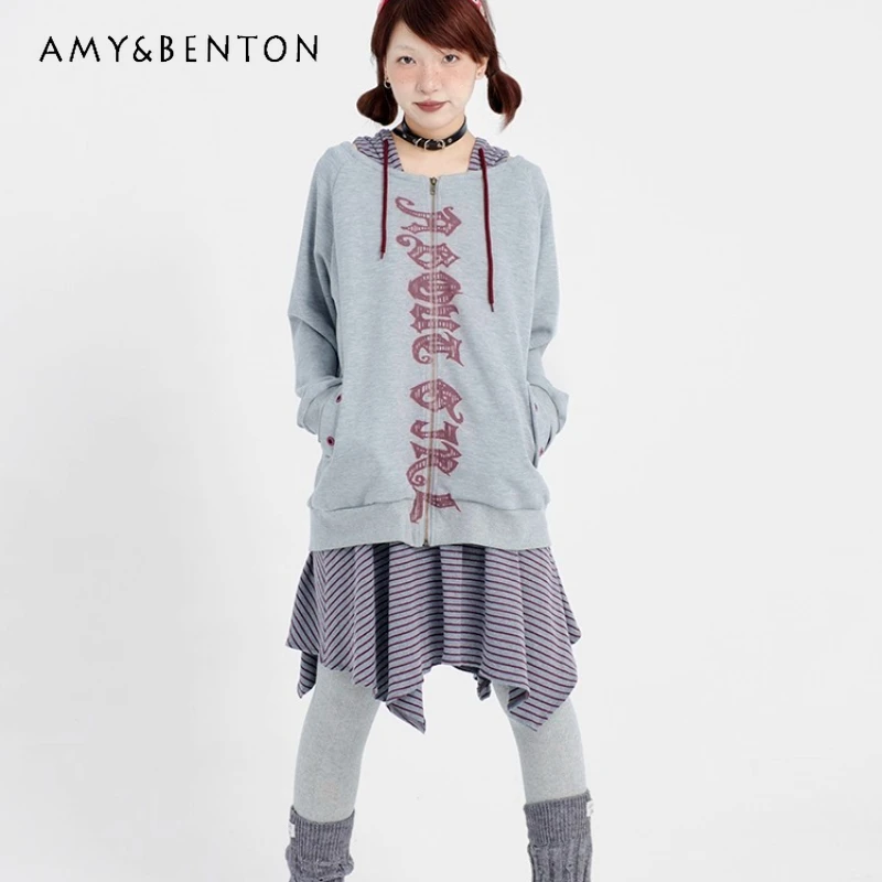 2025 Autumn New Gray Off-Shoulder Splicing Striped Women's Sweatshirt Original Design Loose Slimming Versatile Y2K Coat Ladies