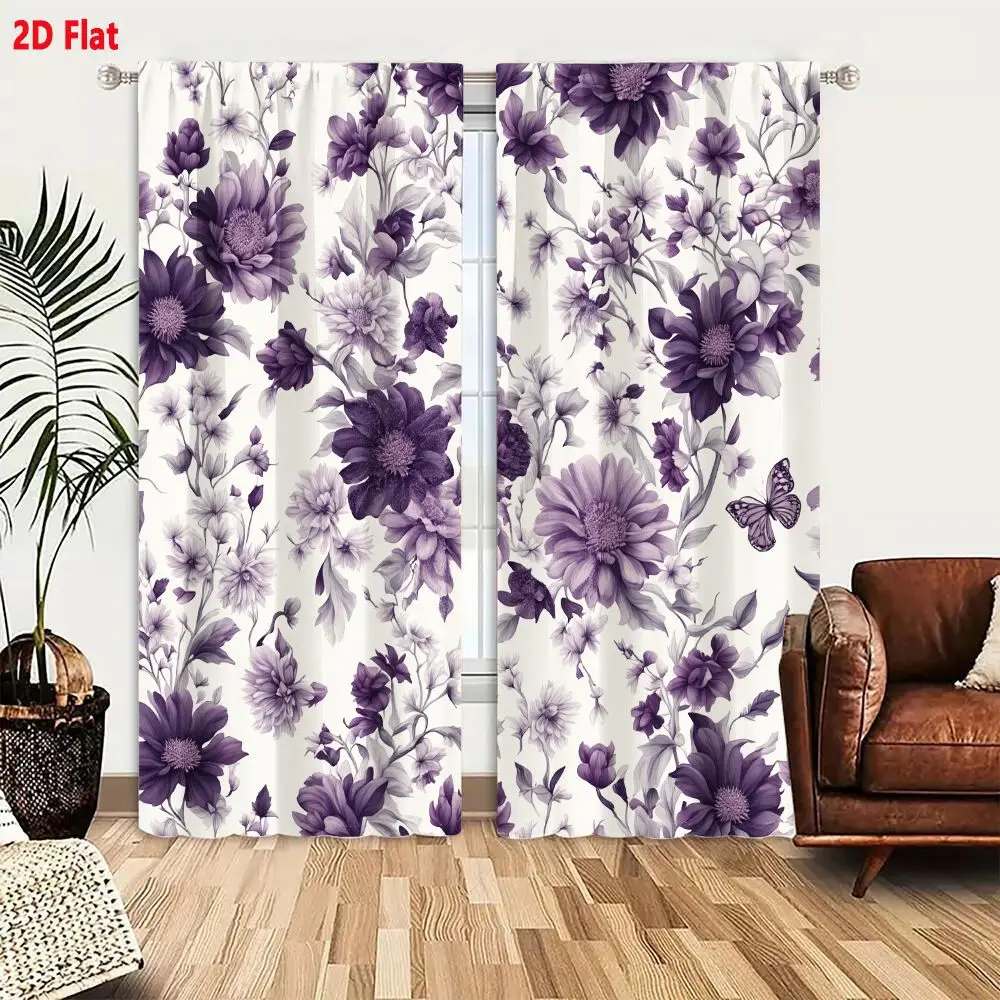 2Pcs Curtains 2D Flat Seamless Floral Pattern With Purple Chrysanthemums And Butterfly On Cream Background Window Drapes for Bed
