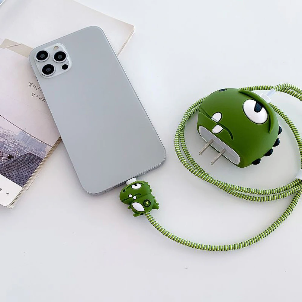 3D Dinosaur Design Charger Cable Protector Cover For Apple iPhone 15 14 13 12 18W 20W US Charger Protective Cover Cable Winder