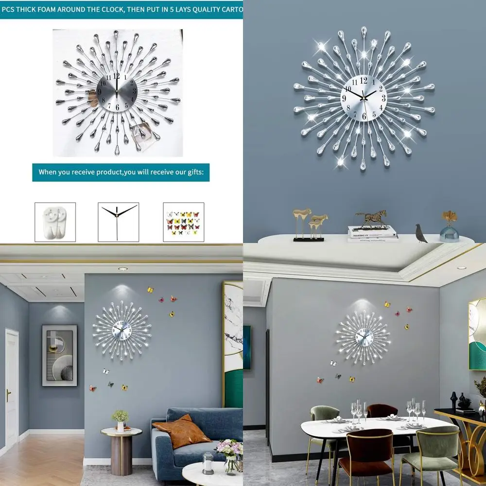 

20-дюймовые современные бесшумные настенные часы на батарейках с серебряными кристаллами для декора дома и офиса