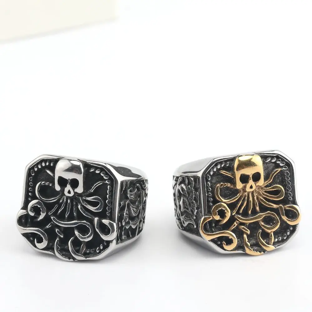 New Retro Punk Cthulhu Octopus Skull Ring for Men Gold color Trend Gothic Rock Motorcycle Rider Jewelry Gift Wholesale