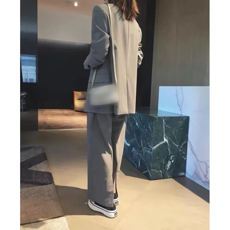 Spring Fashion Wool Blended Professional Set Women Blazer Coat Pants 2pcs Double-breasted Suit Trousers Gray Female Office Lady
