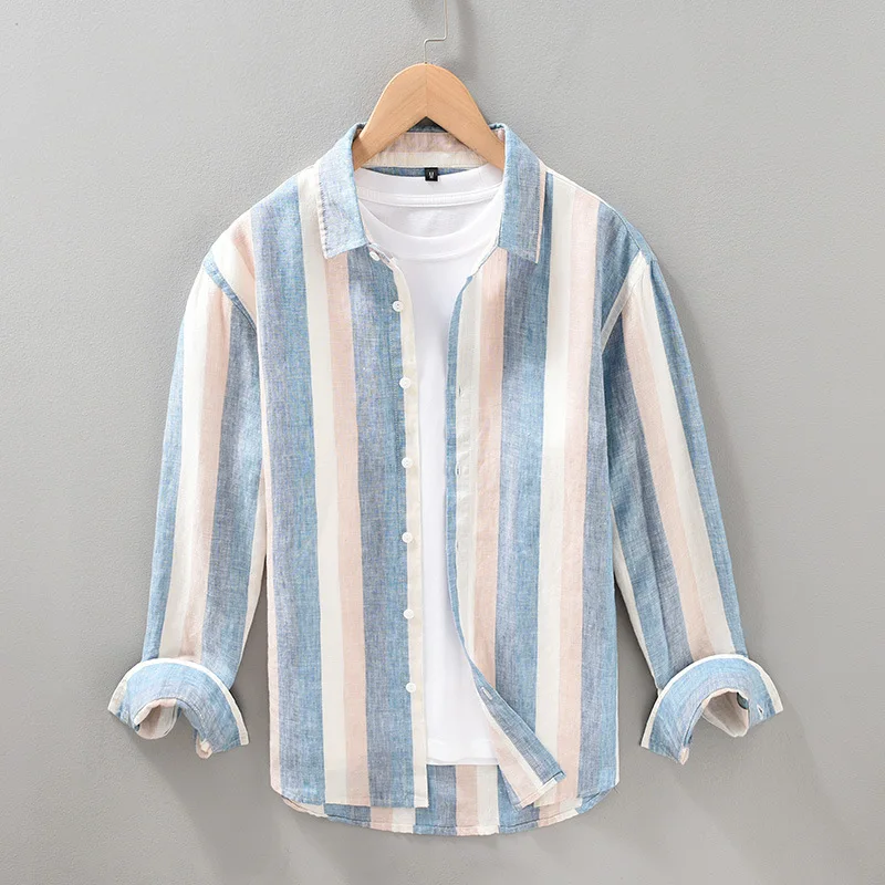 New 100 % Linen Mens Long Sleeve Shirt Japanese Fashion Yarn-dyed Contrast Color Striped Shirt Breathable Tops Vintage Clothes