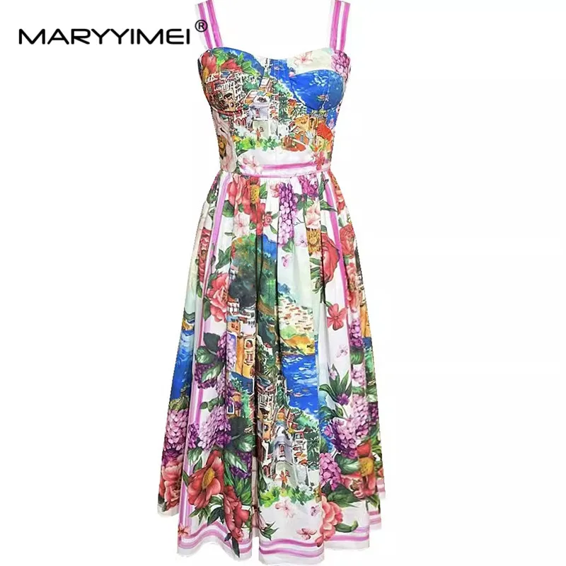 MARYYIMEI Summer Women\'s Dress Spaghetti Strap Backless Square-Neck Beach Vacation New Fashion Big Swing Cotton Dresses