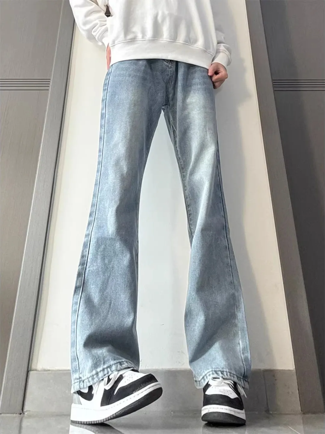 

Светло-голубые мужские джинсы в американском стиле, повседневные, весенне-осенние, новые, модные, свободные, расклешенные, длинные брюки