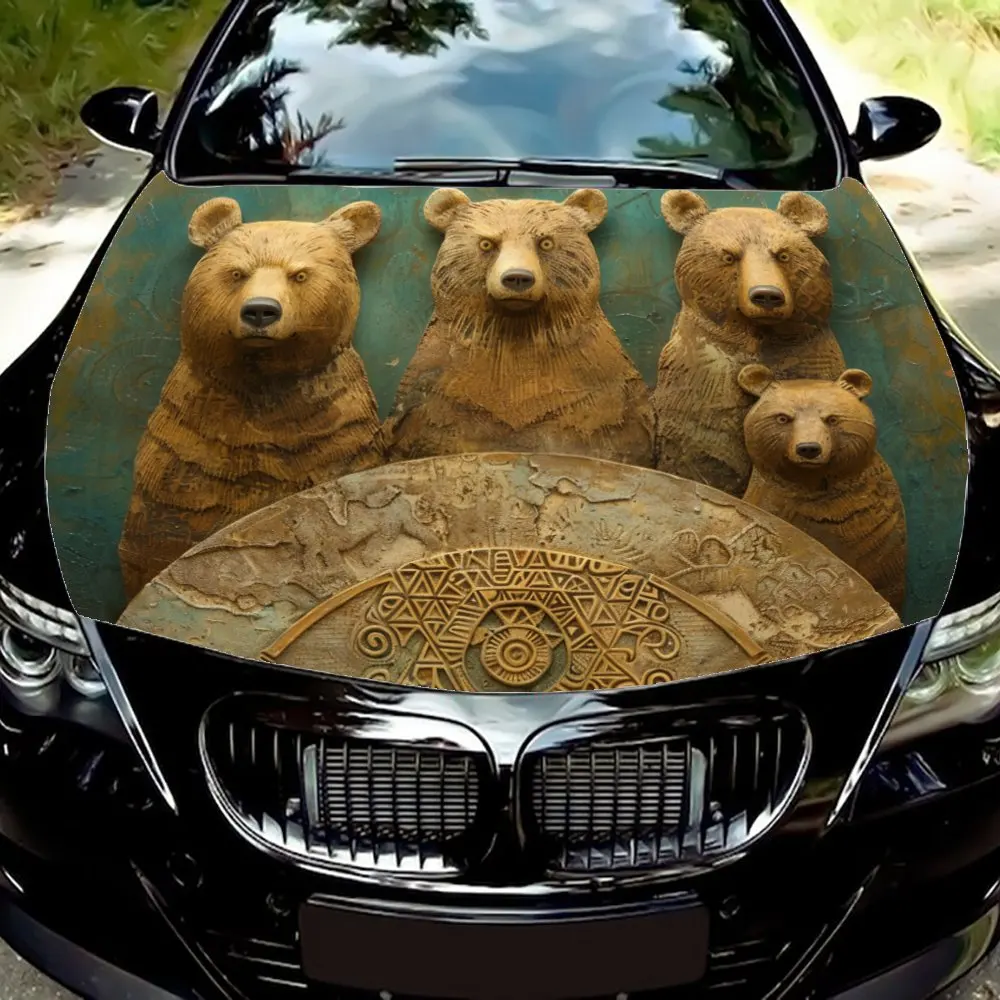 

Ancient bear sculpture and mysterious circular disk pattern car vinyl wraps, car engine hood pattern vinyl decal, exudes a myste
