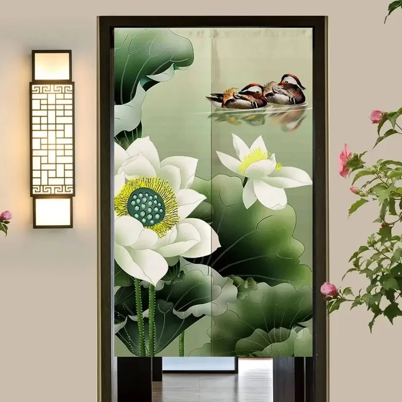 VIKAMA Chinese Style Noren Door Curtain Mandarin Duck Lotus Leaf Flower Print Fabric Curtain Home Room Partition Decor