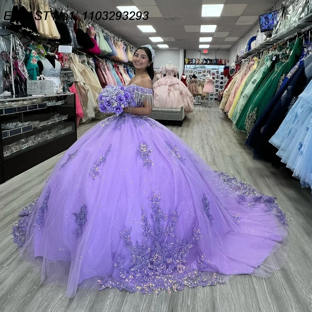 EVLAST personalizado De lujo Lila Vestido para quinceañeras Vestido De baile Apliques De encaje rebordear arco corsé dulce 16 Vestido De 15 Anos E1Q231