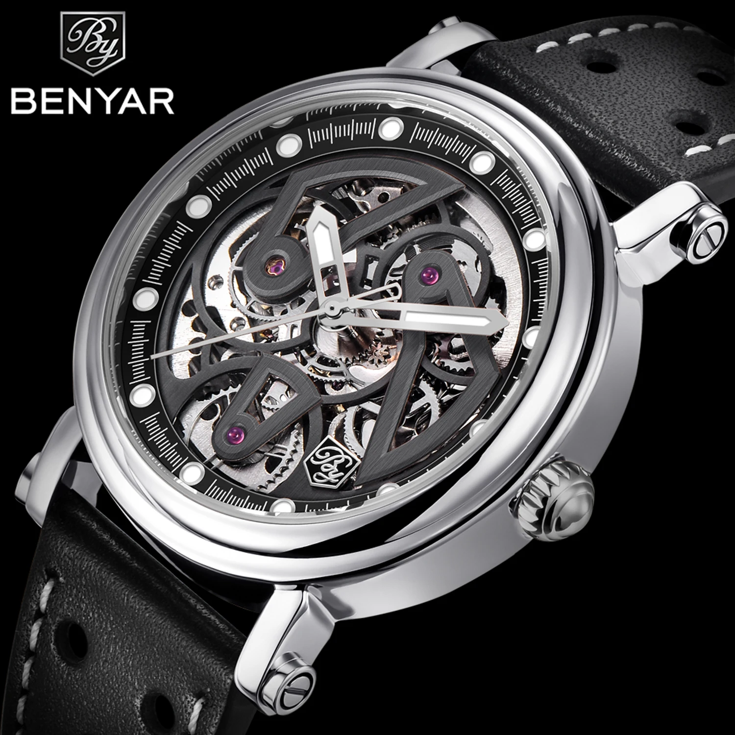 BENYAR 2023 New Men\'s Watches Hollow Luxury Mechanical Automatic Watch For Men Sports Waterproof Leather Clock Gift Reloj Hombre